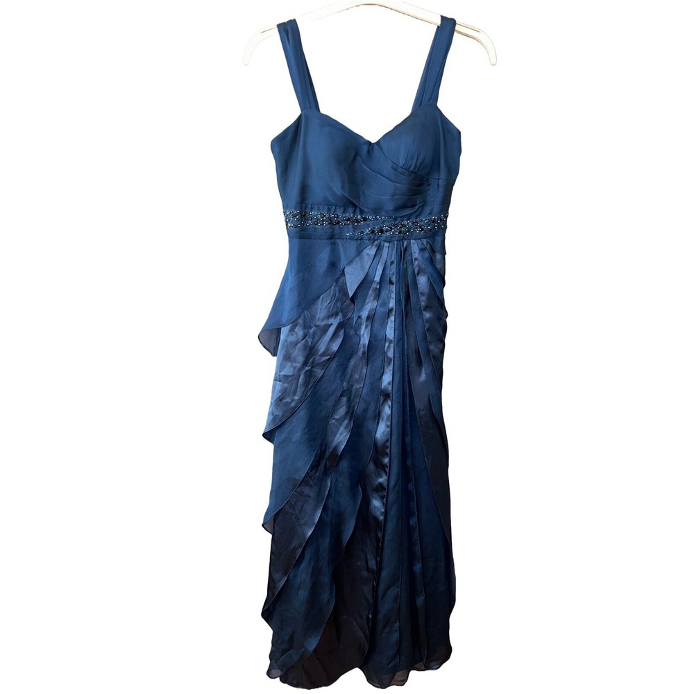 Adrianna‎ Papell Occasions Navy Blue Tiered Ruffle Beaded Formal Gown Dress S 6
